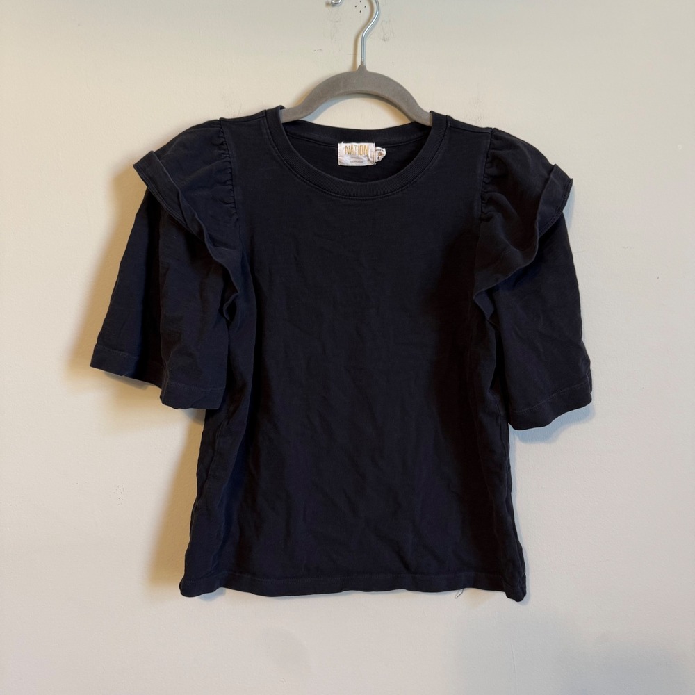 Nation LTD Los Angeles Black Ruffle Shoulder Short Sleeve Cotton Tee Shirt XS